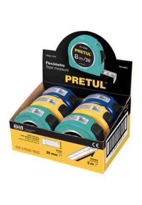 FLEXÓMETROS 8 M, CINTA 25 MM EN DISPLAY BOX, 6 PZAS, PRETUL 21625