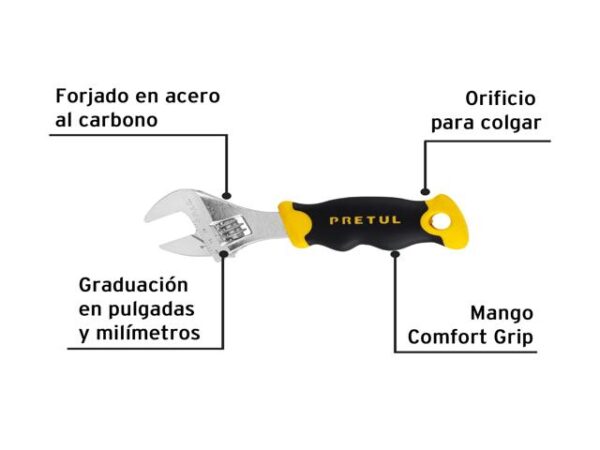LLAVE AJUSTABLE (PERICO CORTO) 5" CROMADA CON GRIP, PRETUL    28218 - Image 2