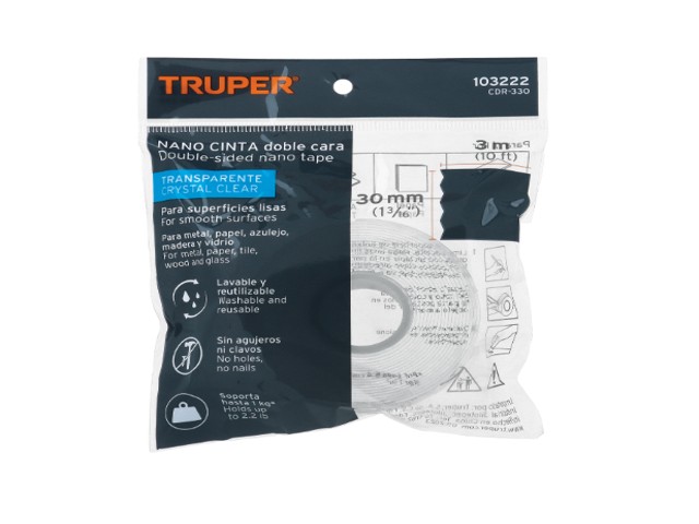 CINTA DOBLE CARA REUTILIZABLE, TRANSPARENTE 3MX30MM, TRUPER  103222