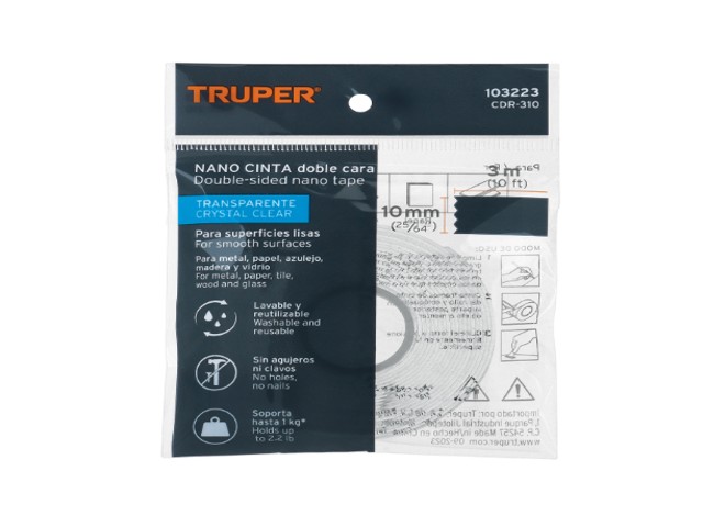 CINTA DOBLE CARA REUTILIZABLE, TRANSPARENTE 3MX10MM, TRUPER  103223