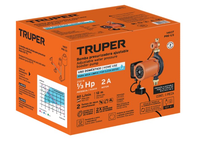 BOMBA PRESURIZADORA 1/3 HP, CON SENSOR REGULABLE, TRUPER  14637