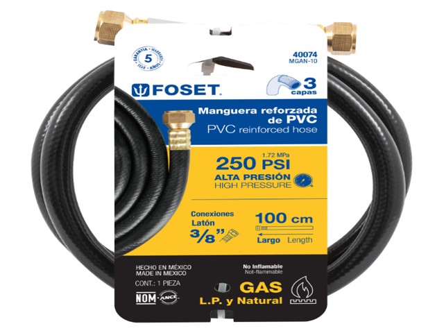MANGUERA PARA GAS, PVC NEGRA, 3/8″X1 M, C/CONEXIÓN, FOSET  40074