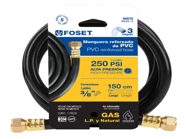 MANGUERA PARA GAS, PVC NEGRA, 3/8″X1.5 M, C/CONEXIÓN, FOSET  40075