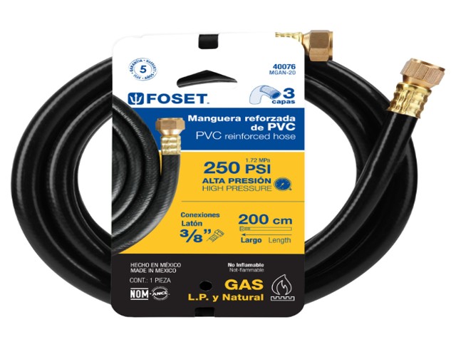 MANGUERA PARA GAS, PVC NEGRA, 3/8″X2 M, C/CONEXIÓN, FOSET  40076