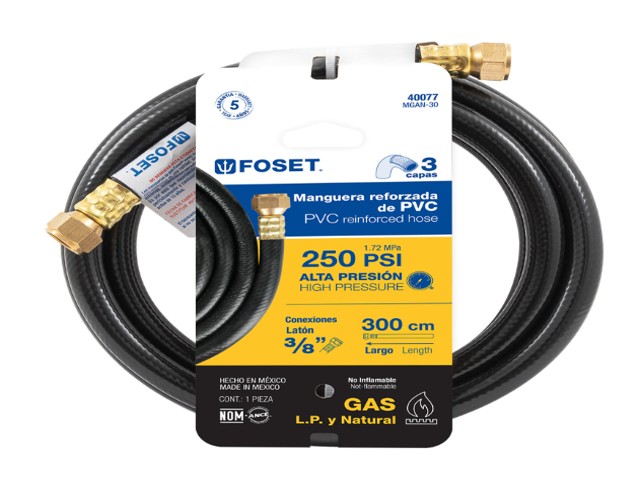 MANGUERA PARA GAS, PVC NEGRA, 3/8″X3 M, C/CONEXIÓN, FOSET  40077