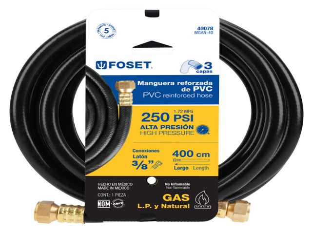 MANGUERA PARA GAS, PVC NEGRA, 3/8″X4 M, C/CONEXIÓN, FOSET  40078
