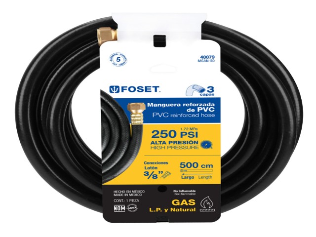 MANGUERA PARA GAS, PVC NEGRA, 3/8″X5 M, C/CONEXIÓN, FOSET  40079