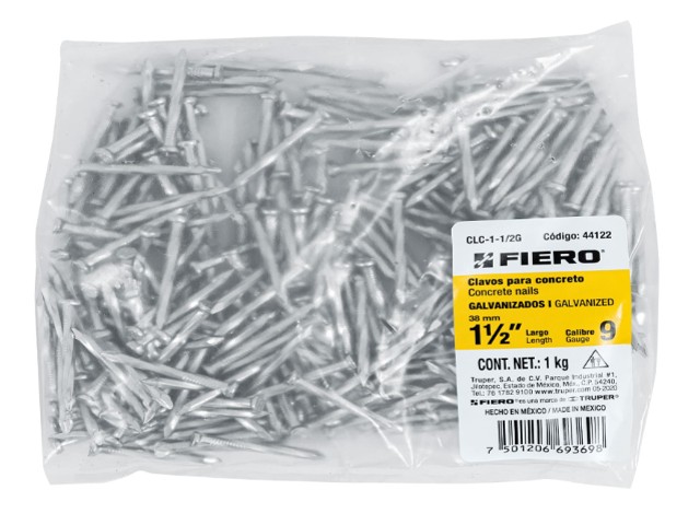 BOLSA CON 1 KG DE CLAVOS PARA CONCRETO GALVANIZADOS 1-1/2″  44122