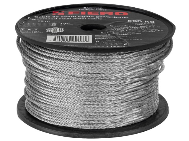 METRO DE CABLE RÍGIDO 1/8″ DE ACERO 7X7 HILOS, 75 M, FIERO  44205