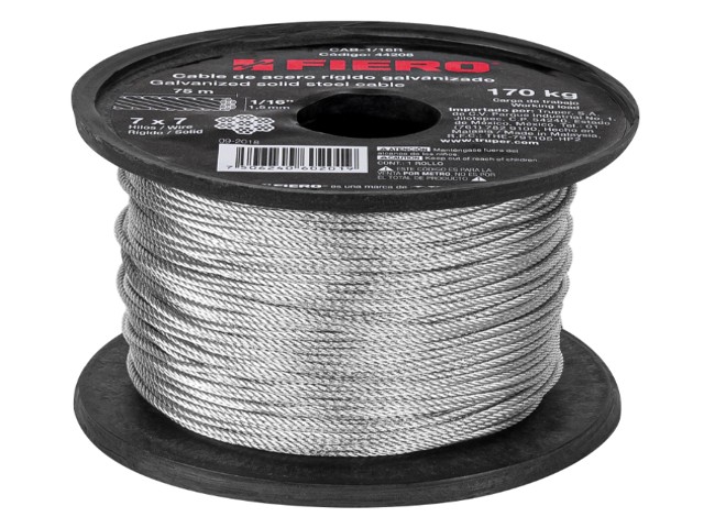 METRO DE CABLE RÍGIDO 1/16″ DE ACERO 7X7 HILOS, 75 M, FIERO  44208