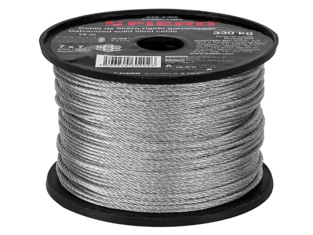 METRO DE CABLE RÍGIDO 3/32″ DE ACERO 7X7 HILOS, 75 M, FIERO  44209