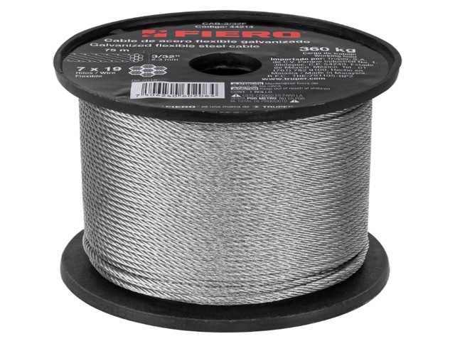 METRO DE CABLE FLEXIBLE 3/32″ DE ACERO 7X19 HILOS, 75 M  44214