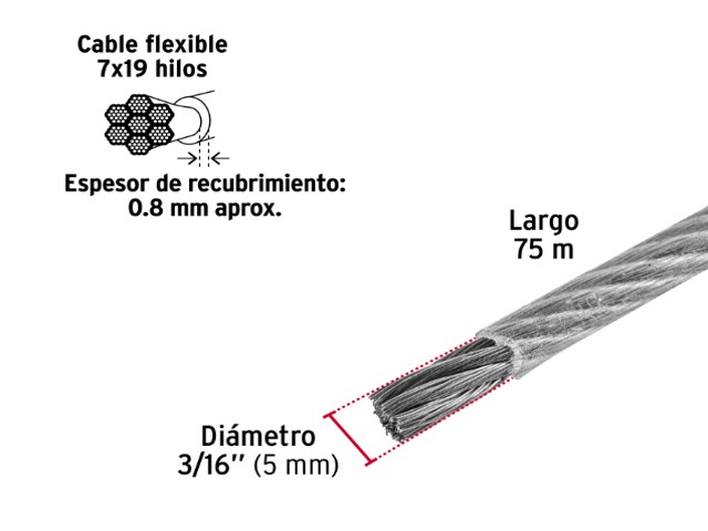METRO CABLE FLEXIBLE 3/16" ACERO 7X19 RECUBIERTO PVC, 75 M 44223 - Image 2