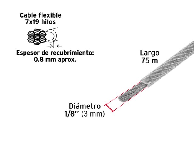 METRO CABLE FLEXIBLE 1/4" ACERO 7X19 RECUBIERTO PVC, 75 M 44224 - Image 2
