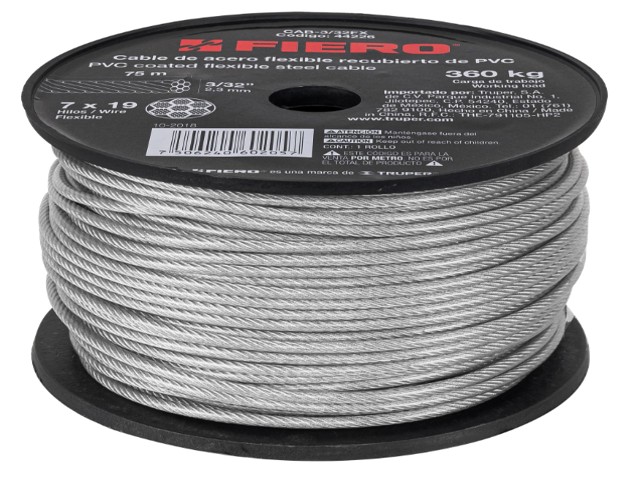 METRO CABLE FLEXIBLE 3/32″ ACERO 7X19 RECUBIERTO PVC, 75 M   44226