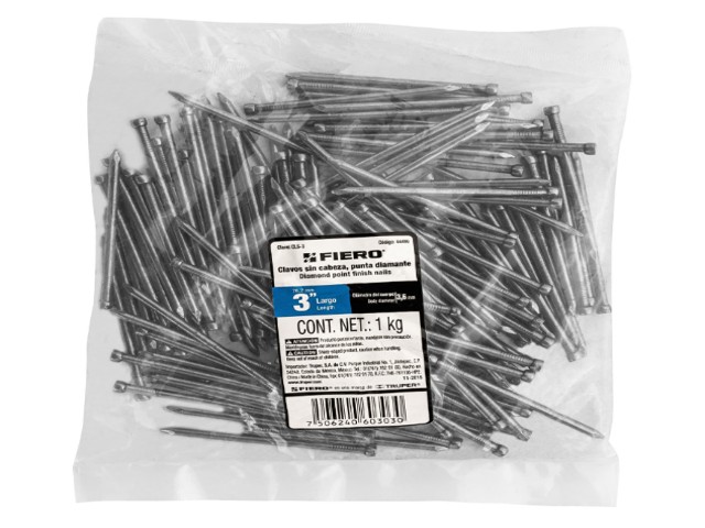 BOLSA CON 1 KG DE CLAVO ESTÁNDAR 3″ SIN CABEZA, FIERO   44499