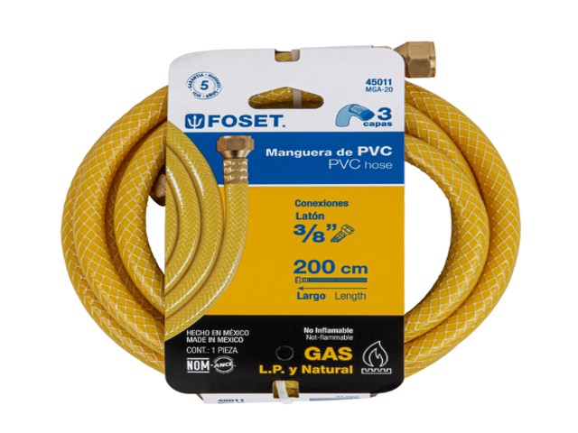 MANGUERA PARA GAS, PVC AMARILLA, 3/8″X2 M, C/CONEXIÓN, FOSET  45011