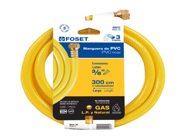 MANGUERA PARA GAS, PVC AMARILLA, 3/8″X3 M, C/CONEXIÓN, FOSET  45012