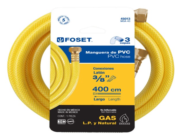 MANGUERA PARA GAS, PVC AMARILLA, 3/8″X4 M, C/CONEXIÓN, FOSET  45013