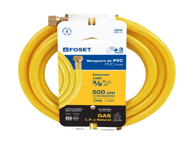 MANGUERA PARA GAS, PVC AMARILLA, 3/8″X5 M, C/CONEXIÓN, FOSET  45014