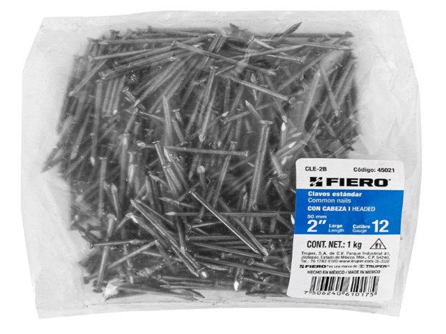 BOLSA CON 1 KG DE CLAVO ESTÁNDAR 2″ CON CABEZA, FIERO  45021