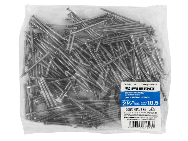 BOLSA CON 1 KG DE CLAVO ESTÁNDAR 2-1/2″ CON CABEZA, FIERO 45022
