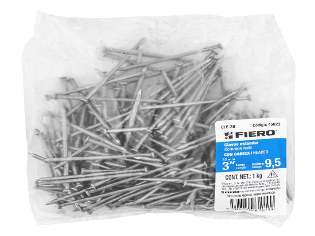 BOLSA CON 1 KG DE CLAVO ESTÁNDAR 3″ CON CABEZA, FIERO  45023