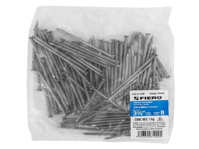 BOLSA CON 1 KG DE CLAVO ESTÁNDAR 3-1/2″ CON CABEZA, FIERO  45024