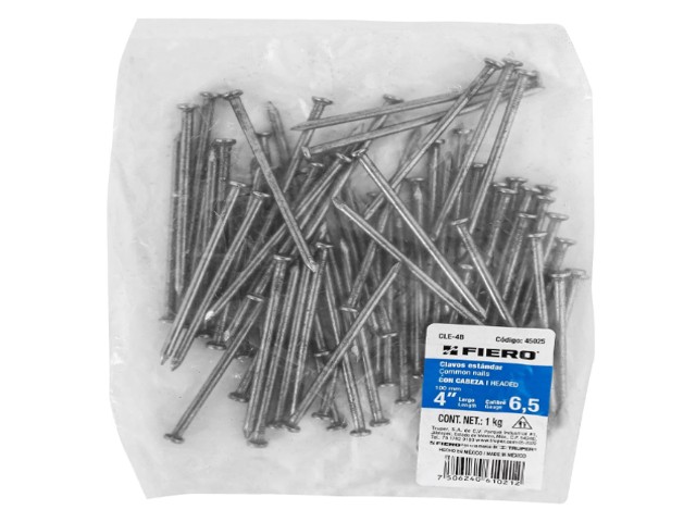 BOLSA CON 1 KG DE CLAVO ESTÁNDAR 4″ CON CABEZA, FIERO  45025