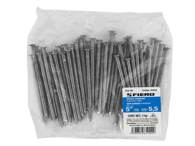 BOLSA CON 1 KG DE CLAVO ESTÁNDAR 5″ CON CABEZA, FIERO  45026
