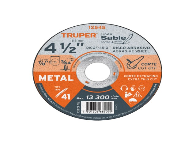 DISCO ABRASIVO DE CORTE PRECISO METAL 4-1/2′ X 1 MM, TRUPER   12545