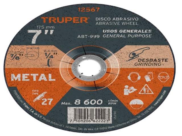 DISCO TIPO 27 DE 7′ X 6.4 MM PARA DESBASTE DE METAL, TRUPER   12567