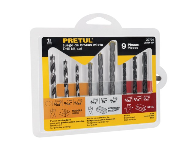 JUEGO DE 9 BROCAS PARA METAL, CONCRETO Y MADERA, PRETUL    20704