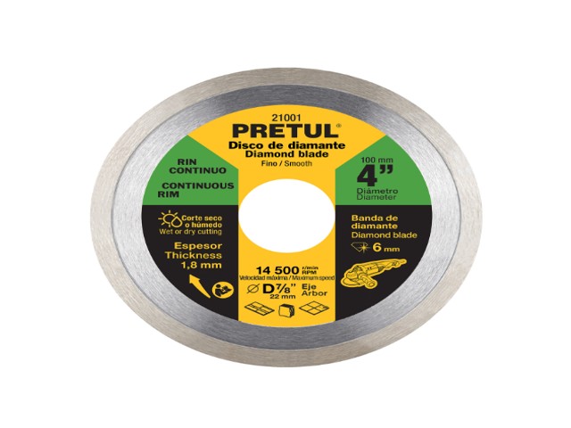 DISCO DE DIAMANTE DE 4′ X 1.8 MM, RIN CONTINUO, PRETUL   21001