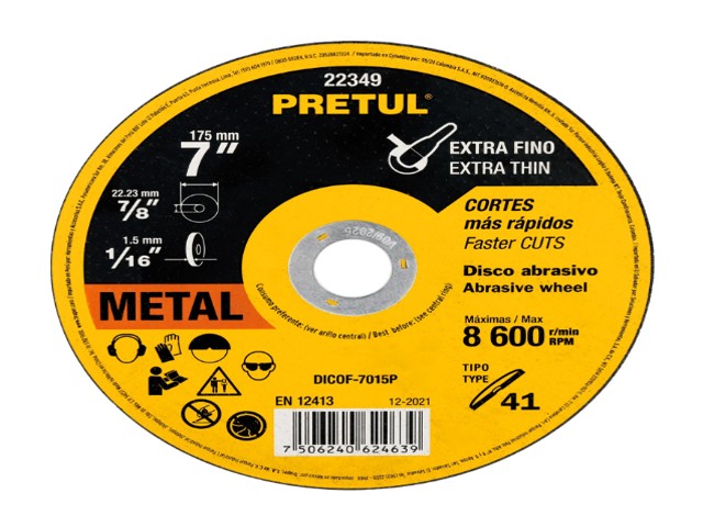 DISCO ABRASIVO DE CORTE PRECISO METAL 7′ X 1.5 MM, PRETUL   22349
