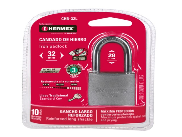 CANDADO DE HIERRO 32 MM, GANCHO LARGO EN BLÍSTER, HERMEX 43794 - Image 2