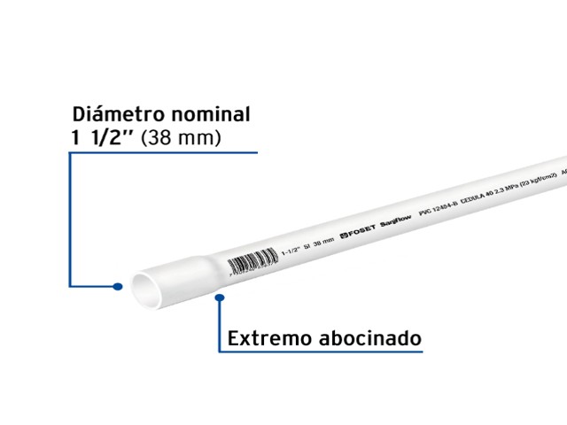 TUBO DE 1-1/2' PVC HIDRÁULICO CÉDULA 40, 3M, 2.3KG, FOSET 45521 - Image 2
