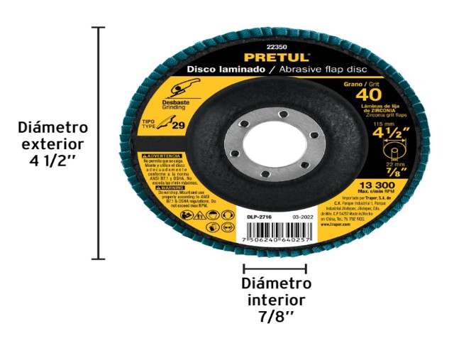 DISCO LAMINADO 4-1/2', GRANO 40 CENTRO 7/8', FIBRA, PRETUL 22350 - Image 2