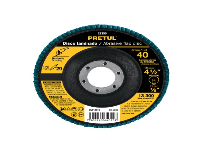 DISCO LAMINADO 4-1/2′, GRANO 40 CENTRO 7/8′, FIBRA, PRETUL   22350
