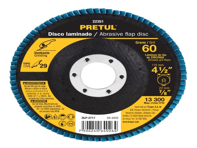 DISCO LAMINADO 4-1/2′, GRANO 60 CENTRO 7/8′, FIBRA, PRETUL   22351