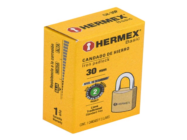 CANDADO DE HIERRO 30 MM, COLOR LATÓN, CORTO, CAJA, BASIC 23522 - Image 3
