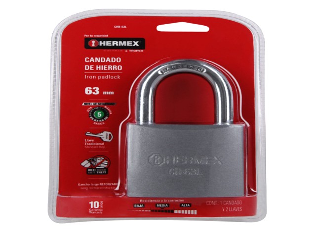 CANDADO DE HIERRO 63 MM, GANCHO LARGO EN BLÍSTER, HERMEX 43804 - Image 3